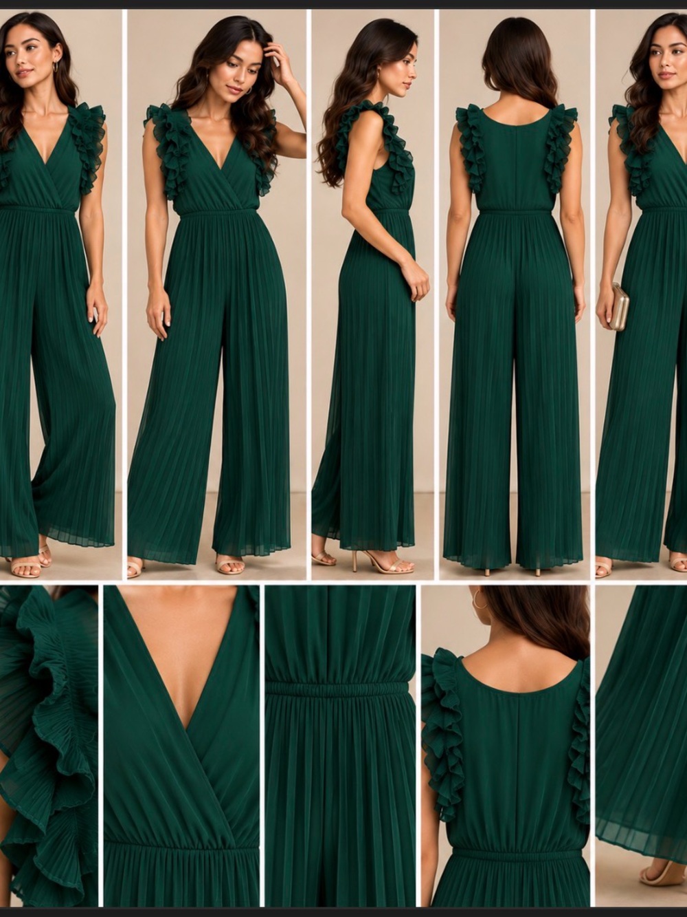 Green Pleated Ruffled V-Neck Wide-Leg Jumpsuit
